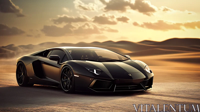 Sleek black supercar glides across sunlit desert sands.