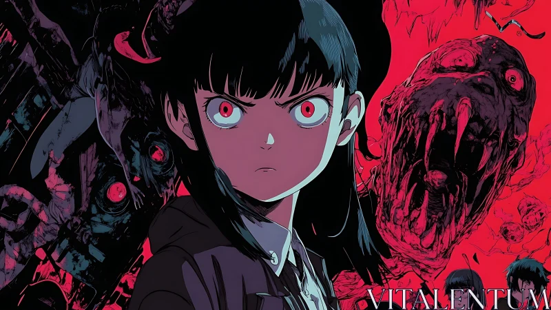 Fierce anime heroine standing strong in a nightmarish world.