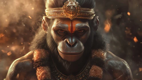 Divine simian warrior stares forward in burning haze