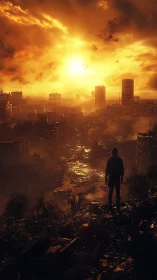 Figure surveys ruined cityscape under dense orange sky