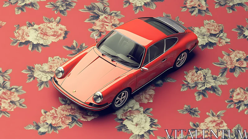 Retro red coupe drifting over rose-print daydreams.