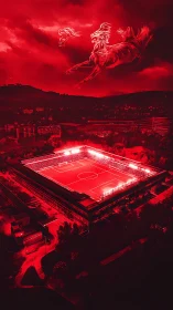 Illuminated football stadium beneath stylized horse figures.
