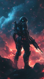 Starlit soldier carves a burning path through cosmic ash