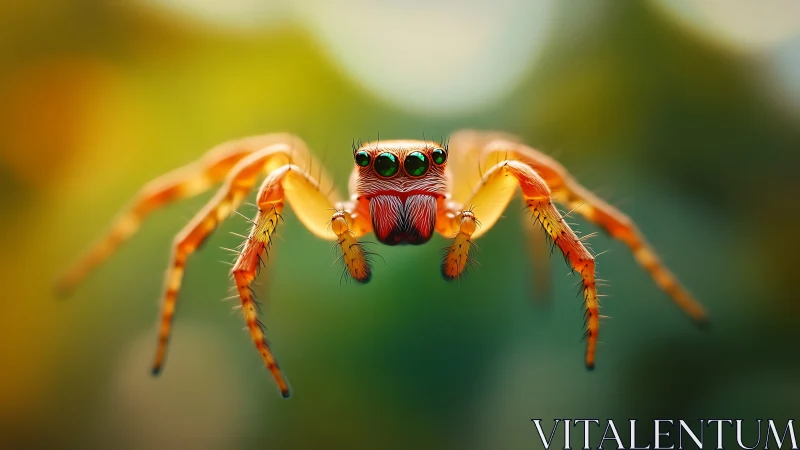 Jumping spider glows against dreamy green bokeh background.