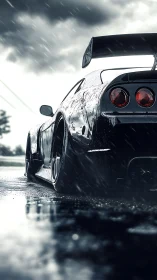 Storm-bruised tuner car crouches low in silver rain.
