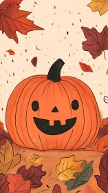 Smiling jack o&rsquo;lantern amid dynamically drifting autumn leaves.