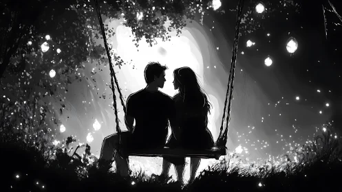 Two figures on swing silhouetted against glowing light