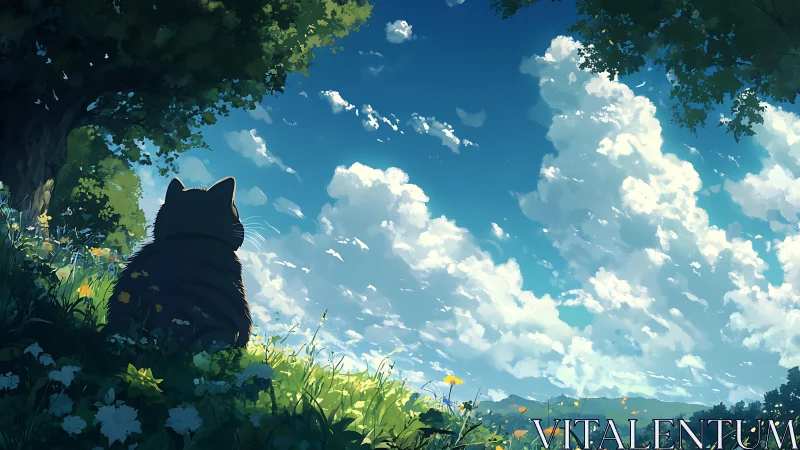 Cat watches drifting summer clouds over sunlit meadow.