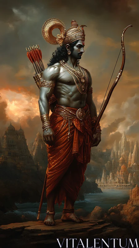 Mythic warrior archer stands vigilant above ancient river citadel.