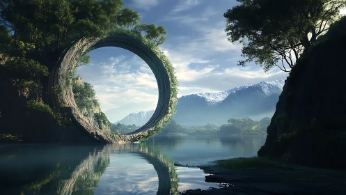 Circular stone structure in lakeside mountain landscape.