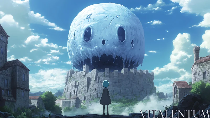 Solitary wanderer confronts colossal melting orb above ruins