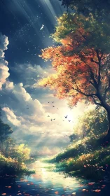 Sunlit river drifts beneath a riot of enchanted autumn leaves