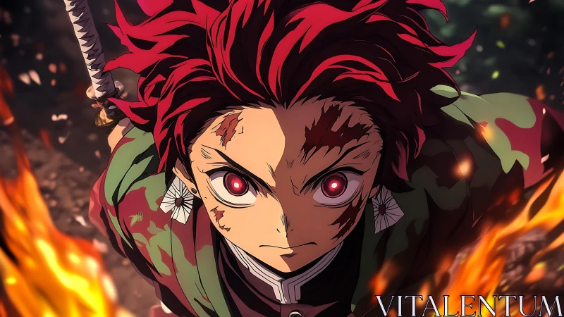 Intense red eyed swordsman framed by dynamic foreground flames