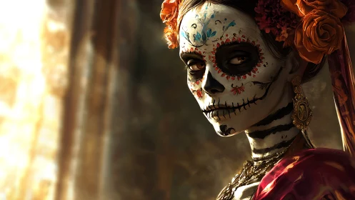 Catrina portrait with chiaroscuro Dia de Muertos detailing.
