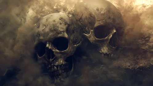 Two human skulls emerge from dense dust and diffuse light