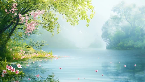 Mist-covered lake with flowering shoreline and dense foliage.