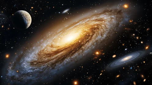 Golden spiral galaxy and quiet planets in deep space.