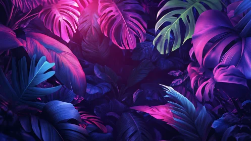 Neon tropical leaves in bold pink, purple, and blue light.