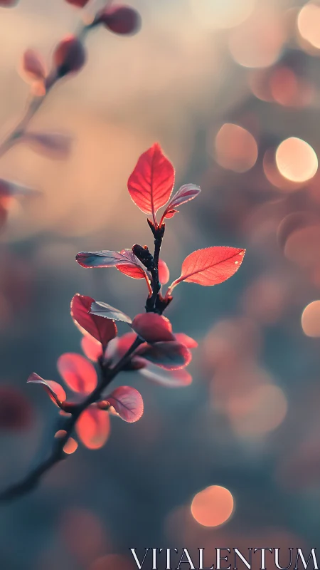 Blushing autumn leaves glow against dreamy bokeh dusk sky.