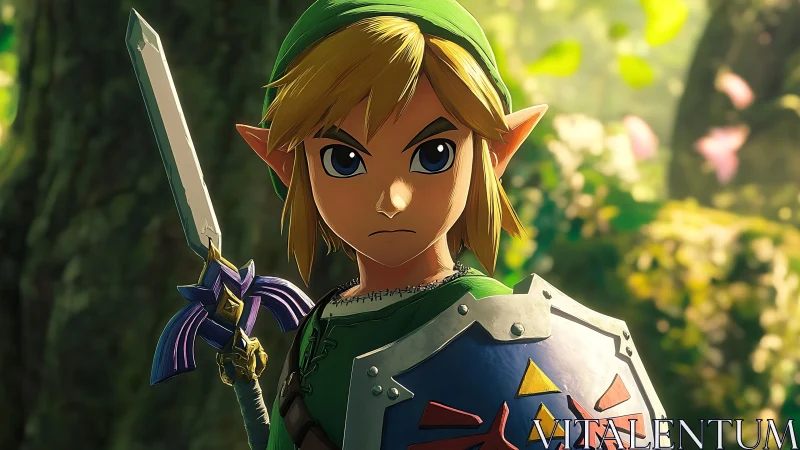 Stylized elf warrior with sword and shield in forest scene.