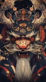 Baroque samurai-dragon mask rendered in intricate digital linework
