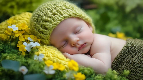 Slumbering Infant Among Floral Blooms in Pastoral Setting.