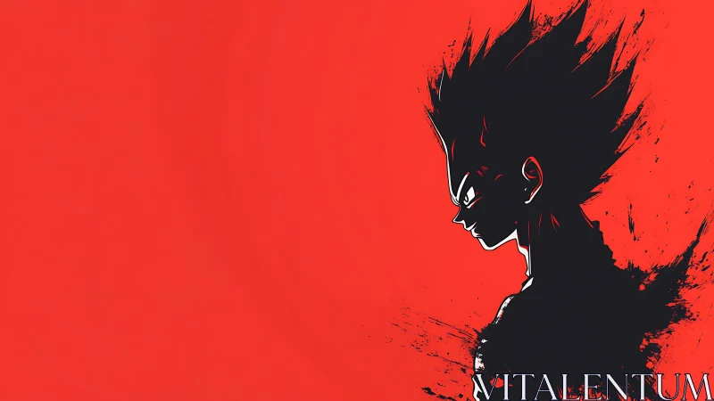 Silhouetted spiky-haired character profile contrasts red field