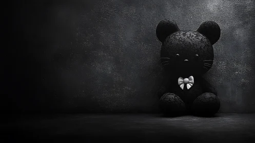 Velvet shadow bear with porcelain bow in moody gloom.