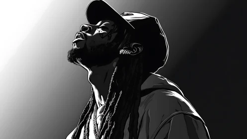 Side-profile illustration of man in cap under strong light.