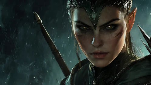 Battle-hardened elven commander with rain-soaked war regalia.