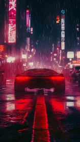 Futuristic sports car is stationary on wet neon city street