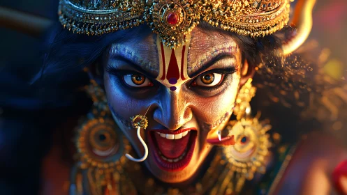 Fierce divine warrior queen blazing in molten gold and fire.