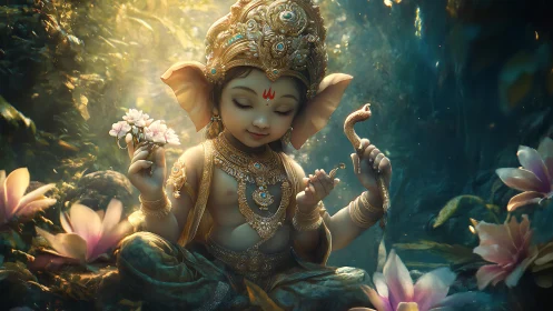 Divine child figure with elephant head in lotus grove.