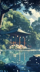 Lakeside Japanese pavilion sits under sunlit forest canopy