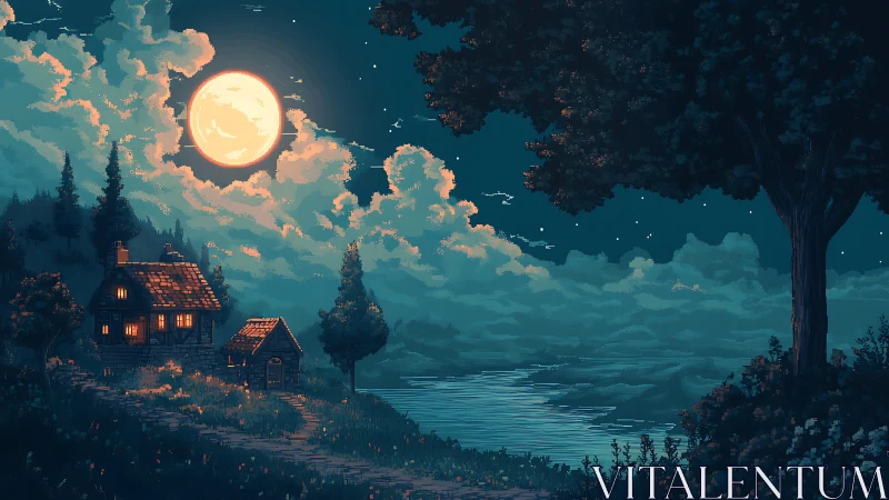 Moonlit cottage glows softly above a tranquil lakeside path