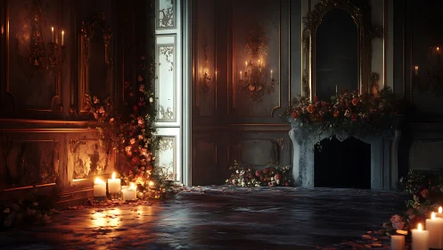 Candlelit baroque interior with floral arrangements and doorway.