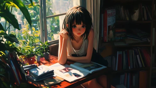 Girl studies by sunlit window in dense book-filled room