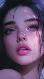Close-up digital portrait of young woman with blue eyes.