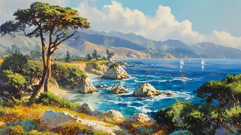 Sunlit coastal bluff with sailboats rendered in luminous oils