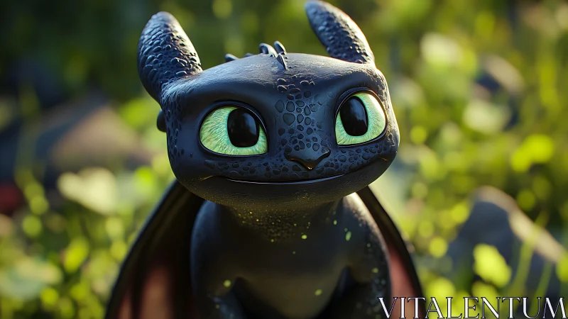 Wide-eyed forest dragonling gazes up with glossy curiosity