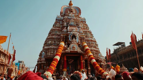 Ornate Hindu temple gopuram during crowded street gathering.