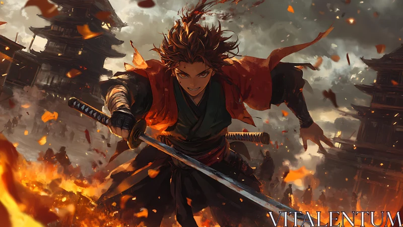 Dynamic samurai swordsman charging through blazing Edo fortress