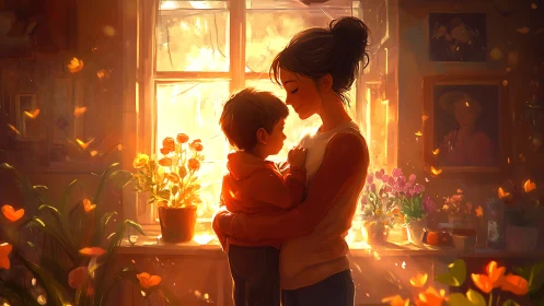 Woman holds child against window with golden sunlight backlighting
