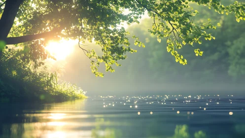 Sunlit forest lake with sparkling water in tranquil morning light.