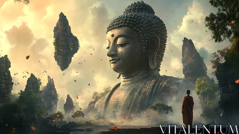 Colossal stone Buddha dreams above floating temple spires