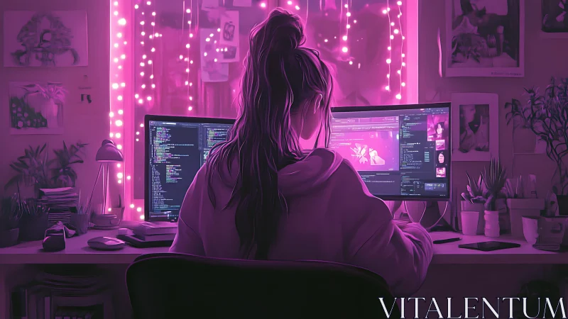 Neon-lit coder at dual monitors in cozy home studio.