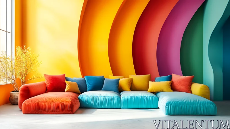 Modular rainbow sofa set against curved multicolor wall backdrop