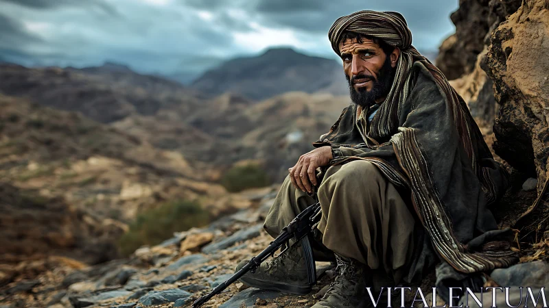 Mountain sentry in rugged terrain with tactical rifle poised.