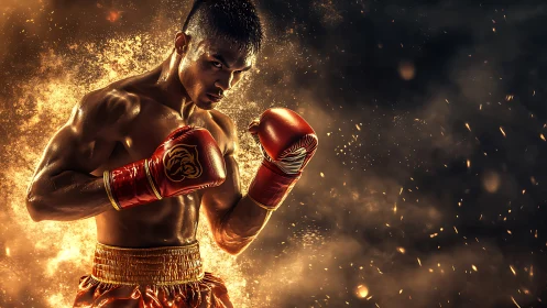 Professional boxer in fighting stance with dramatic golden particle effects.