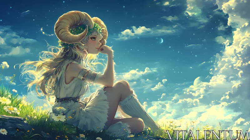 Starlit horned maiden surveying luminous stratocumulus sky.